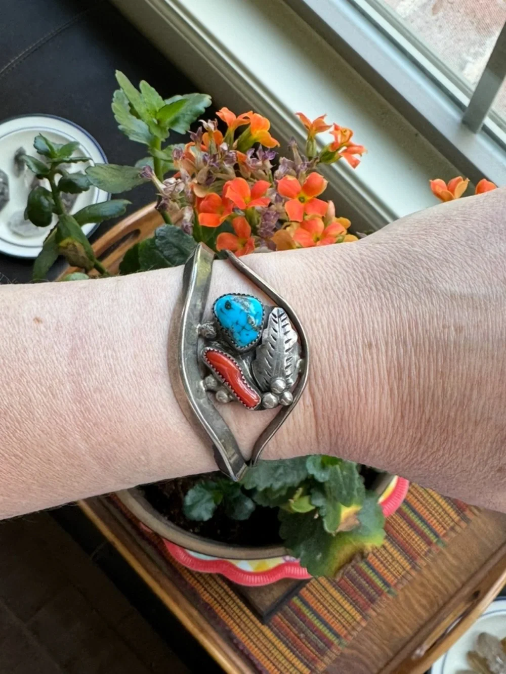 Native American David F Garcia Sterling Silver Turquoise and Coral Cuff Bracelet